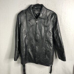 Leatherworks Jacket Mens 2XL XXL Black Faux Patchwork Full Zip Belted Retro